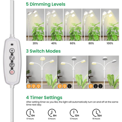 LORDEM Full Spectrum Plant Light for Indoor Growing,Tri-Head Grow Light with Stand for Large Plants,Auto ON/Off Timer 6/8/12/16H, 5 Dimmable Levels, 20-70 inches Adjustable Height