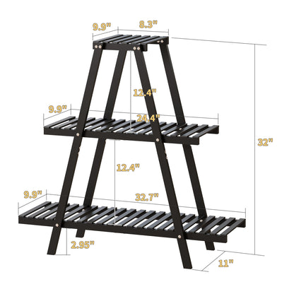 Furshus Bamboo Plant Stand Indoor/Outdoor, 3-Tier, Black, Rectangular, 8 Potted Flower Holder Ladder Plant Rack