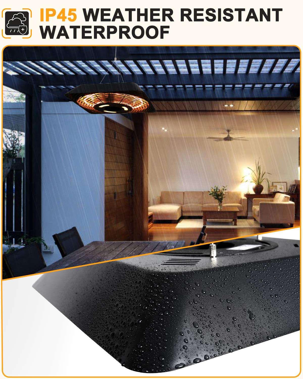 Star Patio Electric Patio Heater, Outdoor Heater with Remote and Touch Switch, 750W/1500W Infrared Hanging Heaters with SQUARE SHAPE Black Finish, IP45 Waterproof, STP1568-RMLED-SQN2025
