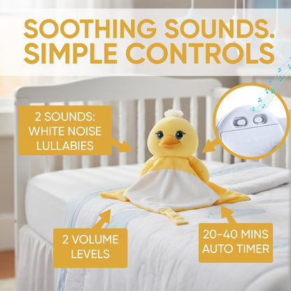 Love By Emi 4 in 1 Baby Lullaby Sleep Soother Toy - Stuffed Animal Sound Machine & Pacifier Holder | Heartbeat White Noise & Music | Plush Yellow Duck Lovey Sleep Aid Security Blanket (0-3 Years)