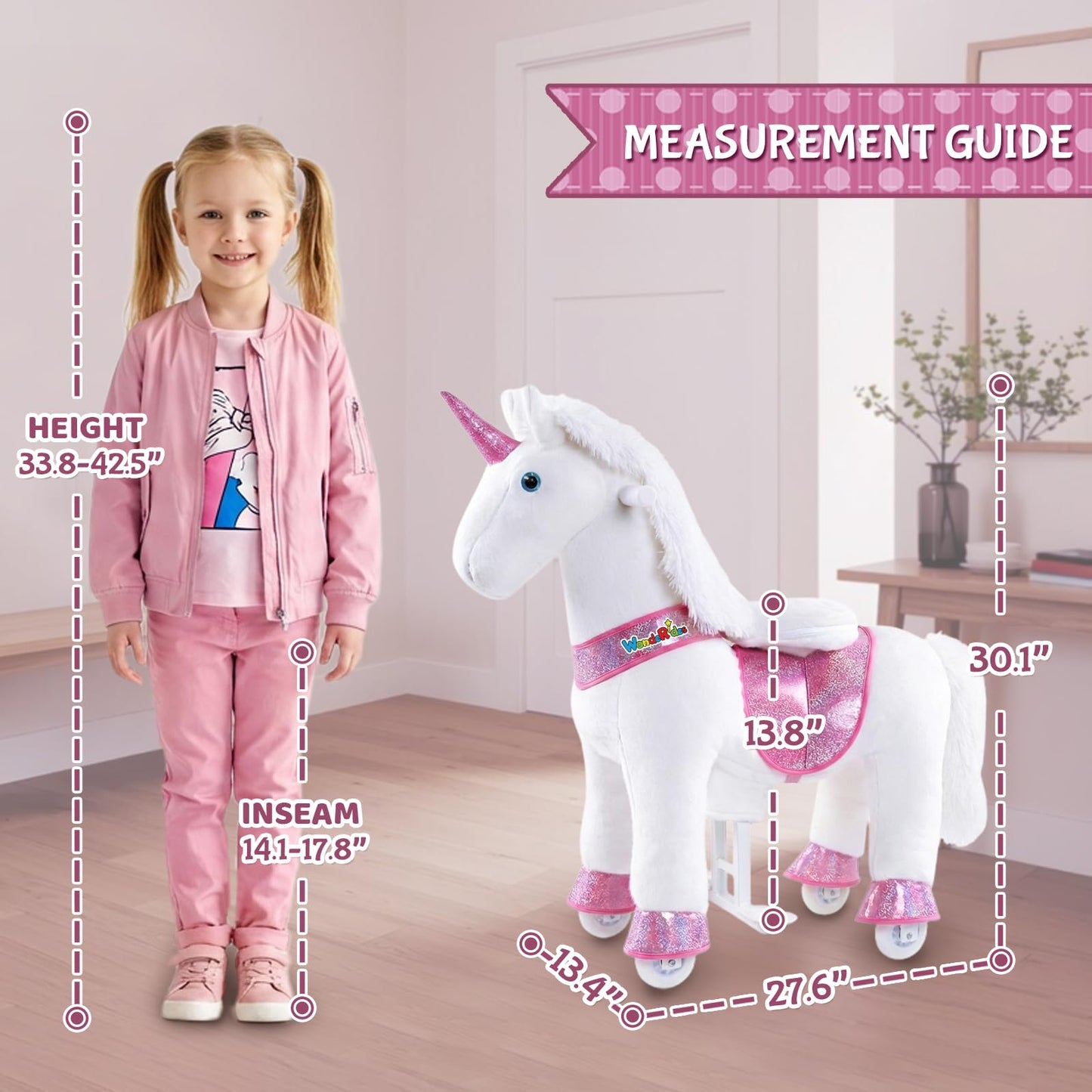 WondeRides Ride on Unicorn Horse Rider Pony Cycle Toy, 30.1 Inch Height Riding Pony White Unicorn Toy Plush Rocking Mechanical Walking Animal with Wheels No Battery Size 3 for Kids 3-4 Years M332-1