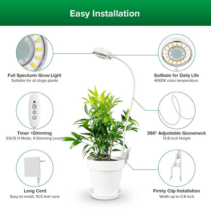 SANSI Grow Light for Indoor Plants, Clip-on LED Full Spectrum Plant Lamp with 4-Level Dimmer, Auto On/Off Timer (3/6/12 Hrs) - White, 10W 1-Pack