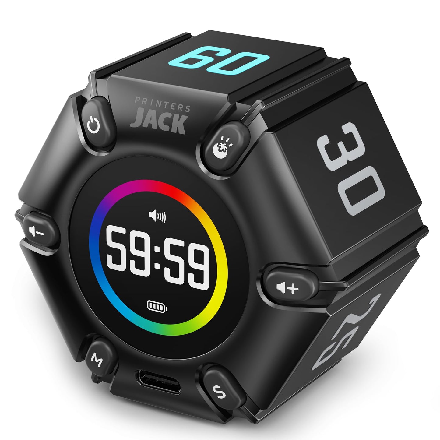 Jack Pomodoro Timer - Productivity Cube, Visual Focus Timer, Mute & Vibration & Adjustable Sound Alert, for Office, ADHD, Study, Work, 3/5/10/25/30/60min & Custom Countdown - Black