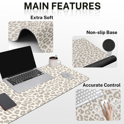 Arttown Leopard Light Khaki Desk Mat Animal Skin Mouse Pad Set 4 in 1 Ergonomic Design Large Desk Pad + Keyboard Wrist Rest + Mouse Wrist Rest + Coaster Suitable for Home Office Study Game
