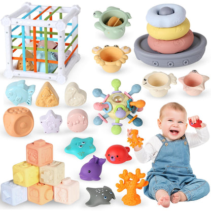 7-in-1 Montessori Baby Toys with Shape Sorter Sensory Bin, Stacking Cups, Soft Sea Animal Toys for 6-12-18 Months, Fun Bath Time Learning Developmental Toys Gifts for 1 2 3 Year Old Girls Boys