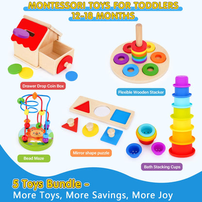 KMTJT Montessori Educational Toys for 1+ Year Old Toddler, 1st First Birthday Gifts for 1-2 Years, Includes Stacking Cups, 2 in 1 Object Permanence Box, Bead Maze, Mirror Puzzle and More