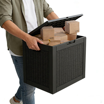 WTFGO 31 Gallon Outdoor Storage Box, Resin Deck Boxes Outdoor Waterproof For Patio Furniture, Garden Tools, Pool Supplies, Lockable And UV Resistant (Rattan Black)