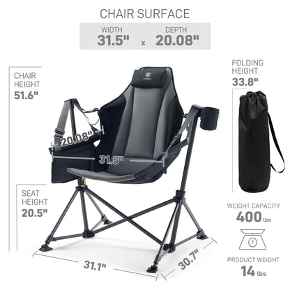 EVER ADVANCED Padded Oversized Hammock Camping Chair, Compact Heavy Duty Swing Chair with Multi-Storage Pockets, Portable Folding Rocking Camping Chair, Support Up to 400lbs, Black