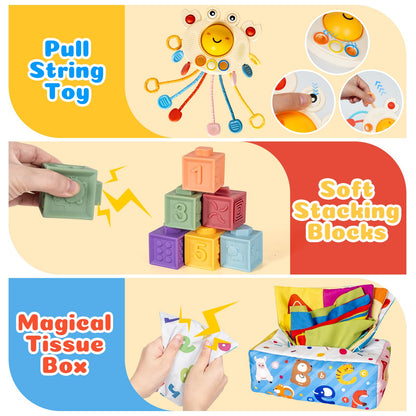 GJOF2YK 6 in 1 Montessori Toys for Babies Newborn Stacking Block Soft Infant Ring Shape Learning Sensory Bin Pull String Teething Toy Tissue Box for Toddlers 18M+ 2 3 Year Old Boy Girl Gift
