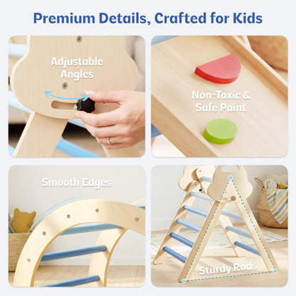 bbgroundgrm 8-in-1 Wooden Climbing Set for Toddlers with Cushion, Foldable Montessori Indoor Climber with Arch, Ramp and Triangle Ladder, Natural Wood Play Gym for Kids 1-3