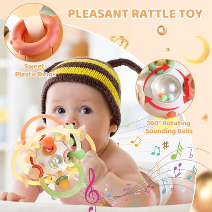 Baby Sensory Teething Toys, Baby Montessori Teether Toys for 0 3 6 9 12 18 Months, Silicone Tummy Time Toy with Rattle Ball for Newborn Infant, Learning Delopmental Gift for Boys Girls, Brown