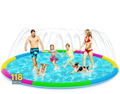 118" Extra Large Splash Pad - Non-Slip Splash Pad for Kids and Dogs Thickened Dog Pool with Sprinkler Outdoor Water Toys Giant Fountain Play Mat for Toddlers Children Adults Pets