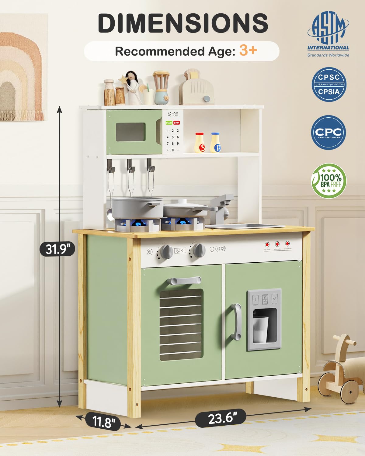 Babytronic Kids Play Kitchen, Wooden Kitchen Playset for Kids Ages 3+ with Real Lights, Sounds, Stove, Sink, Oven, and 30 Pcs Accessories, Toys Kitchen Small Pretend Play Kitchen for Toddlers (Green)