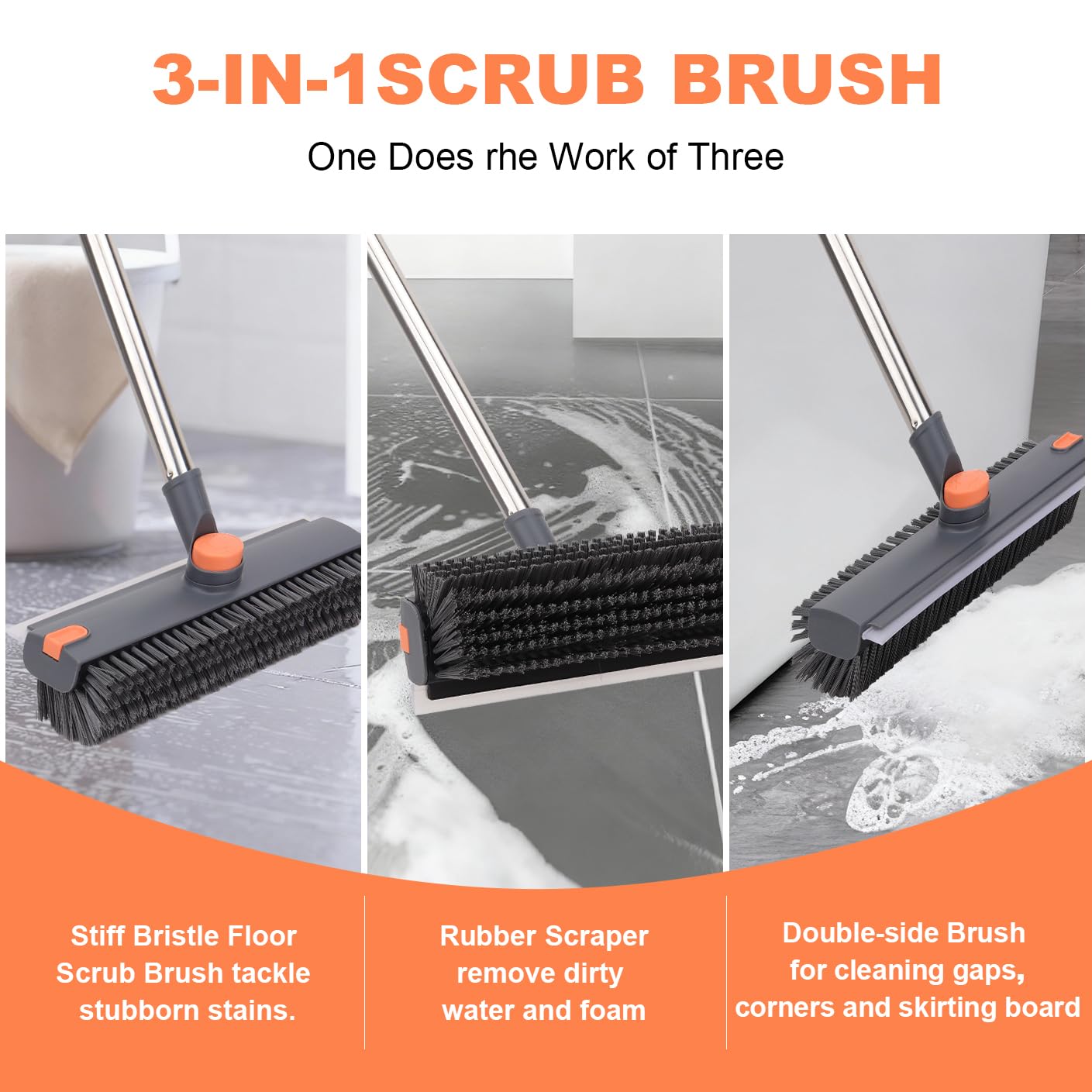 Floor Scrub Brush with 64" Long Handle - 360° Swivel Heads Household Push Brush with Squeegee and Right Angled Bristle for Cleaning Concrete Floors Grout Gardens Patio Deck Concrete Garage Heavy Duty