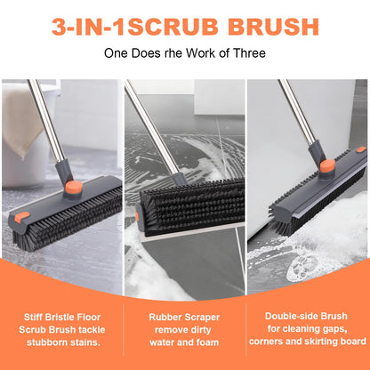 Floor Scrub Brush with 64" Long Handle - 360° Swivel Heads Household Push Brush with Squeegee and Right Angled Bristle for Cleaning Concrete Floors Grout Gardens Patio Deck Concrete Garage Heavy Duty