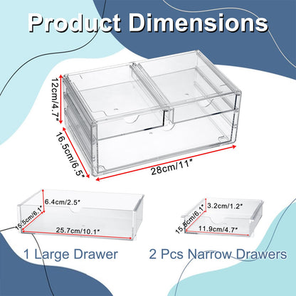BTSKY Clear Acrylic Drawer Organizer, Stackable Container with 2 Narrow + 1 Large Drawers, Desk Organizer for Stationery Study Essentials Makeup Jewelry, Multipurpose Storage Box for Office and Home