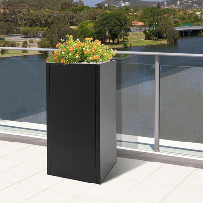 CheriMuMu Tall Outdoor/Indoor Planter Box, 14" L x 14" W x 30" H Heavy Duty Rectangular Large Flowerpot with Removable Shelf, Modern Column Metal Planter Box for Front Porch Patio, Black, 1 Pack