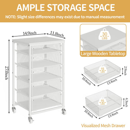 Sbanmao Utility Cart with 5 Drawers, Rolling Storage Cart with Wooden Tabletop and Lockable Wheels, Storage Drawer Cart with Drawers, Craft Cart for Bedroom, Classroom, Home, Office, White