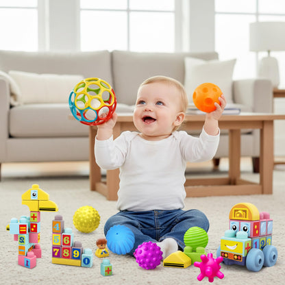 ROHSCE Baby Blocks 6-12 Months & Sensory Balls Bundle, 34 PCS Soft Stacking Blocks and 7 PCS Textured Rattle Teething Toys, Kids Building Toys for Toddlers 1-3, Montessori Gift for Boys & Girls