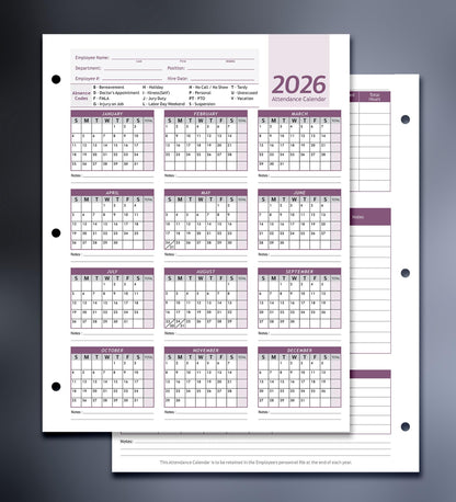 Attendance Calendar Employee Card Attendance Record Tracker 2026, Heavy 100lb Cardstock Paper 8.5 x 11 inches (Purple, Pack of 25 Sheets)
