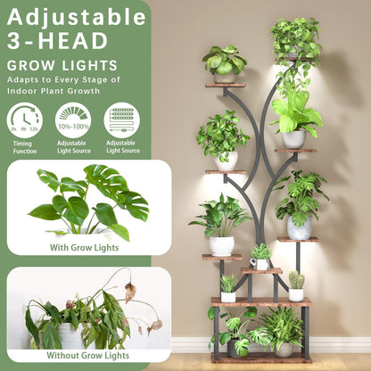 REFGY 65 inch Plant Stand Indoor with Grow Lights, 9 Tiered Metal Plant Stands Indoor, Tall Plant Shelf for Multiple Plants, for Living Room, Patio Balcony or Office (Rustic Brown)