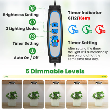 Wiaxulay Grow Lights for Indoor Plants, 144 LEDs Full Spectrum LED Plant Grow Light, 5V/3A Under Cabinet Grow Lamp with Auto Timer 6/12/16 Hrs, 3 Lighting Mode, 5 Brightness Levels, Tri Head (3.5in)