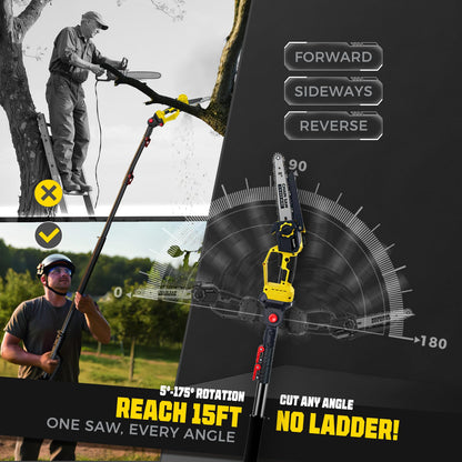 Brushless 2-IN-1 Cordless Pole Saw & Mini Chainsaw, 2× 21V 4.0Ah Battery Powered 8 Inch Chain,Max Reach 16 Ft & Multi-Angle Electric Pole Saw for Tree Trimming, Gifts For Father,Husband,Men