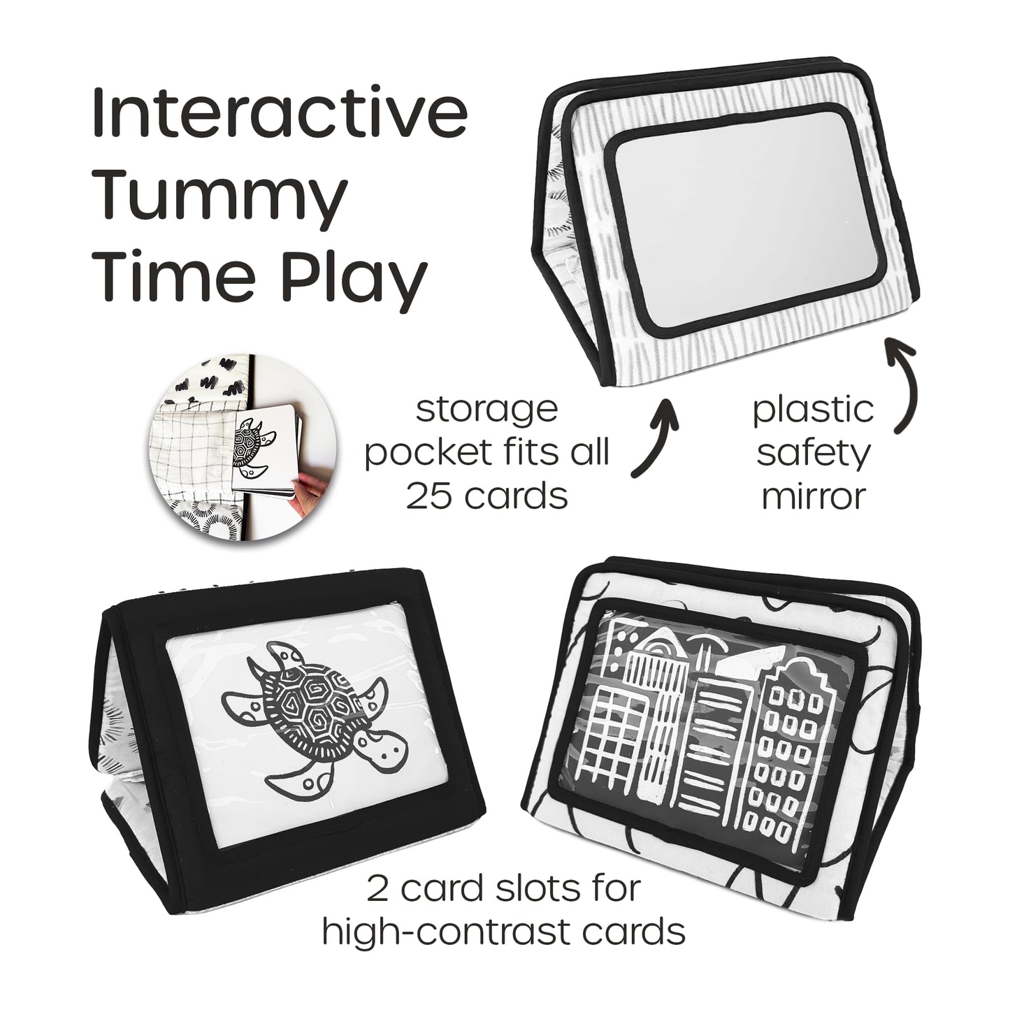 Quiggly High Contrast Baby Toy Set - Black and White Newborn Sensory Toys - Tummy Time Mirror, 25 Visual Stimulation Cards & Board Book - Infant Play Kit for Newborns 0-3 Months (Standard)