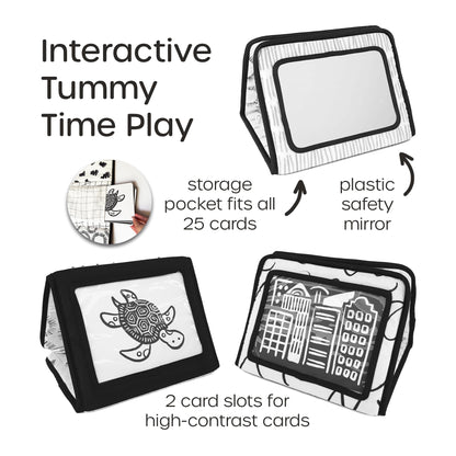 Quiggly High Contrast Baby Toy Set - Black and White Newborn Sensory Toys - Tummy Time Mirror, 25 Visual Stimulation Cards & Board Book - Infant Play Kit for Newborns 0-3 Months (Standard)
