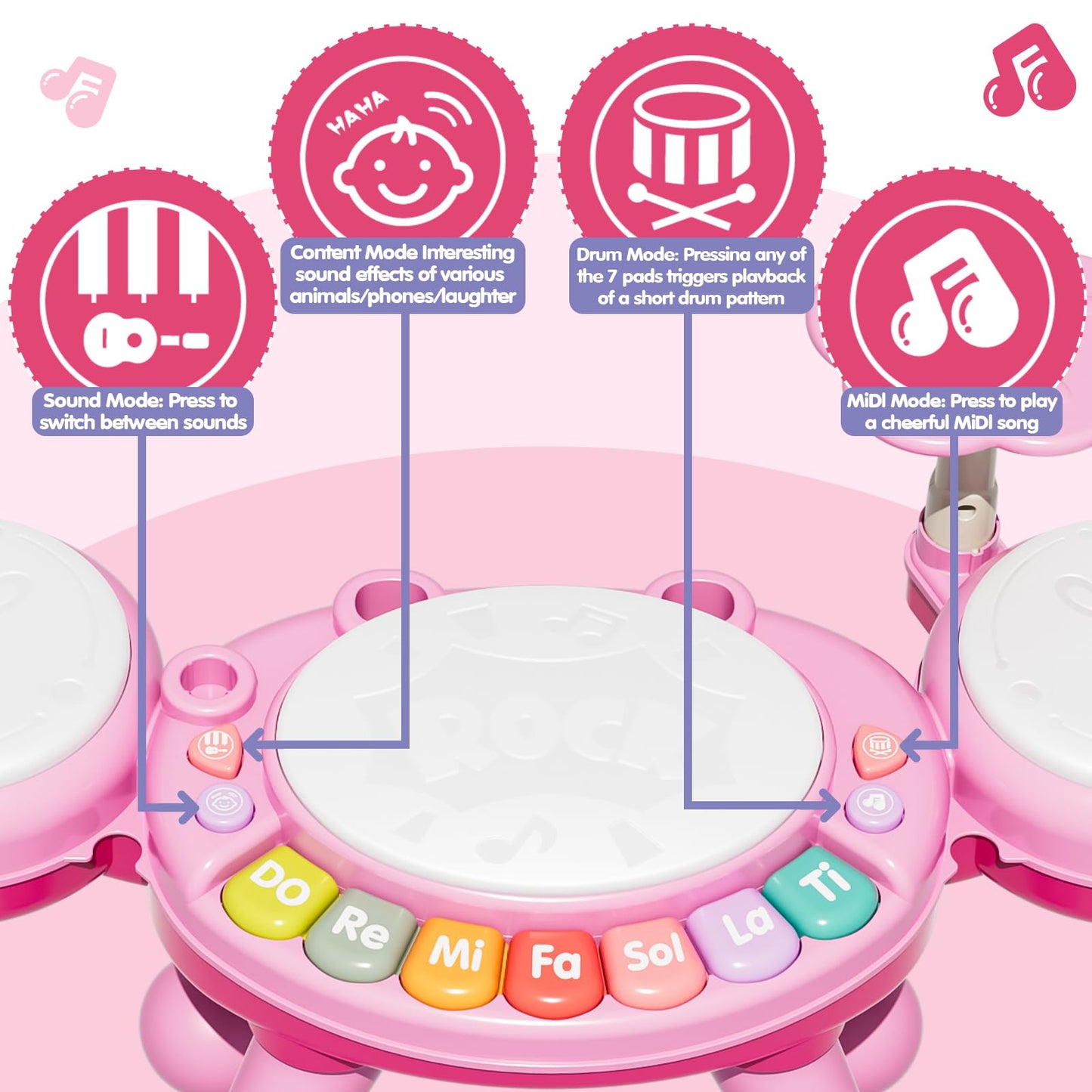 Toddler Drum Set for Kids 1-3, Baby Drum Set 1 Year Old with Light-Up Microphone, Musical Instruments Montessori Learning Toys for 6 9 12 18 Months, Birthday Gift for Boys Girls（Pink）
