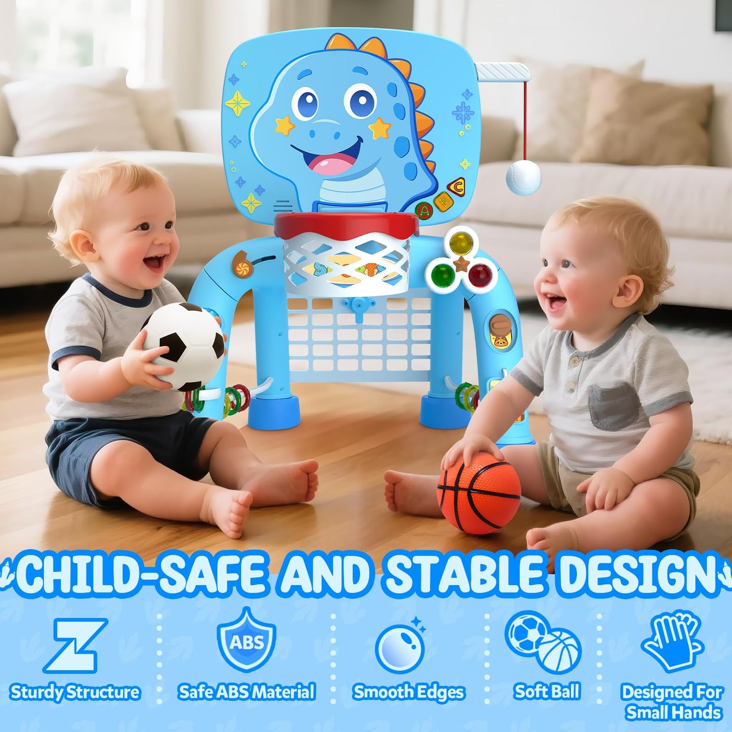 Toys for 1 Year Old Boy - Toddler Basketball Hoop & Soccer Goal & Baseball Activity Center with Light Sound Music, Dinosaur Montessori Sports Toy, Christmas Birthday Gift for Baby 12-18 Months, Blue