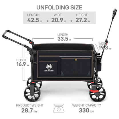 EVER ADVANCED Folding Push Wagon with Brakes, Portable Shopping Cart, Collapsible Wagon Cart with All-Terrain Big Wheels for Camping, Beach, Sports