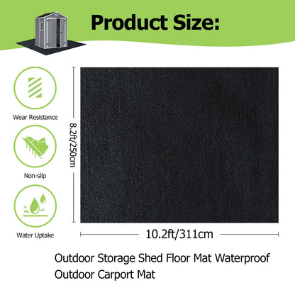 RUNZEG Outdoor Storage Shed Floor Mat, 8.2*10.2FT Waterproof Washable Garden Flooring Pad with Non Slip Backing, Soft Furniture Patio Covering Carport dust Oil Mat-Tool Shed, Storage Shed Not Included