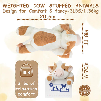 GILFWM Weighted Stuffed Animals Cow - 20.5" Cute Toy Pillow Plushie Gifts for Kids Boys Girls & Adults, 3 lbs Soft Washable Plush Pillowfort
