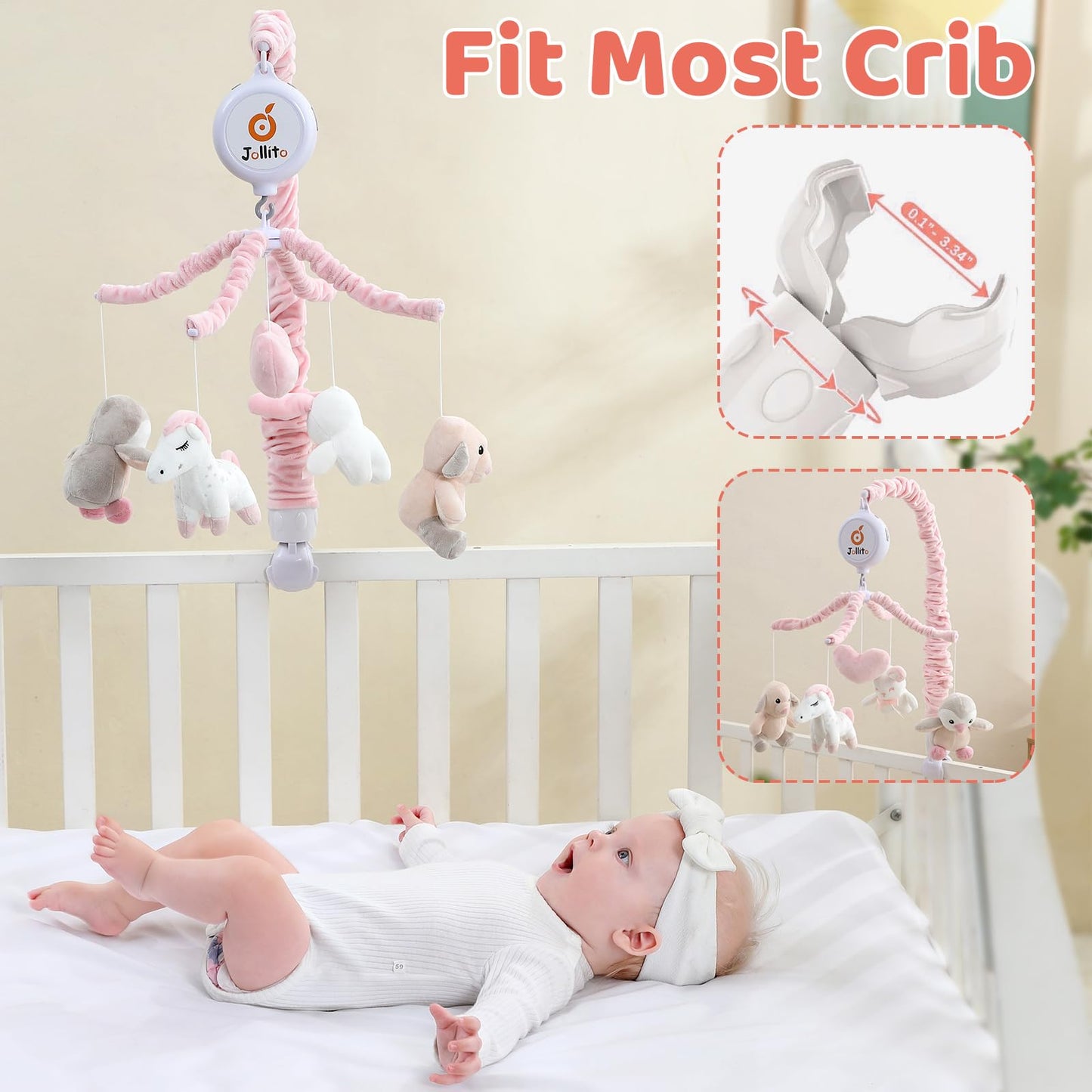 JOLLITO Crib Mobile for Girls, Soft Pink Musical Baby Crib Mobile with 12 Lullabies, Rotating Arm and Detachable Plush Animal Toys, Nursery Decor Baby Mobile for Crib Toys Bassinet