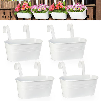 Foraineam 4 Pack Hanging Flower Pots, Metal Iron Plant Pot Holders, Large Fence Railing Balcony Garden Hanging Bucket Planters with Detachable Hooks for Indoor and Outdoor Decor