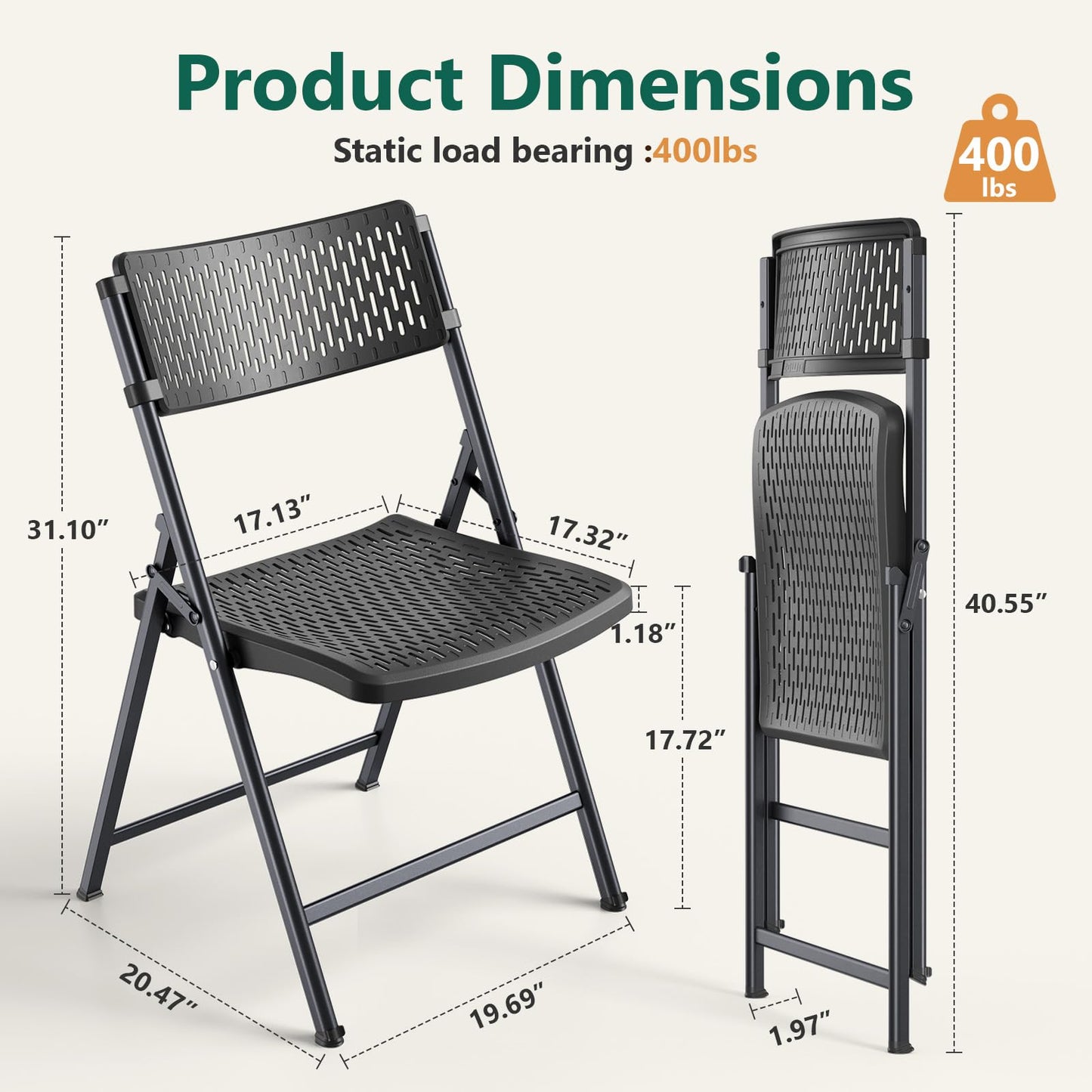FurniEdge Black Folding Chairs 4-Pack, Breathable Plastic for Card Tables & Indoor Outdoor, Easy-Clean & Supports 400 Lbs