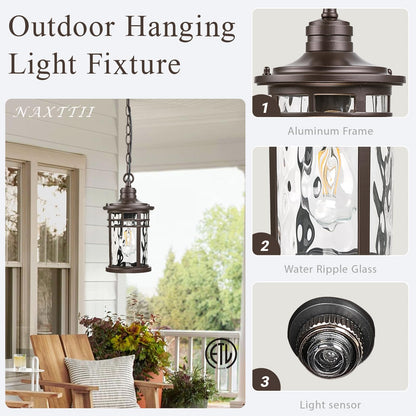 NAXTTII Outdoor Hanging Lantern Light Dusk to Dawn Hanging Porch Light Anti-Rust Aluminum Outdoor Chandelier for Front Door Gazebo E26 Socket Oil Rubbed Bronze Finish