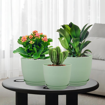 WSMKSZ Medium Plant Pots 10/9/8 inch, Flower Pots for Indoor Outdoor Plants, Set of 3 Modern Decorative Plastic Planters with Drainage Holes and Saucers for House Porch Garden Plants, Green