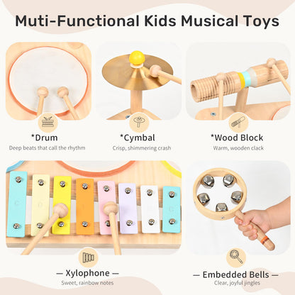 WINGYZ Kids Drum Set – 9-in-1 Montessori Toys for 1-3 Year Old & Wooden Musical Instruments for Toddlers, Baby Musical Toys with Drums, Xylophone, Helps Hand-Eye Coordination, Gift for 1-3 Boys Girls