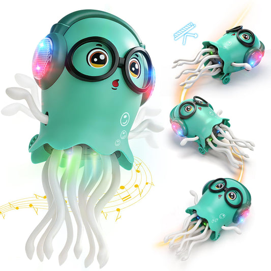 GONINO DJ Dancing Jellyfish Baby Toys, Musical Crawling Tummy Time Toys with LED Light & Smart Obstacle Avoidance, 360° Spin Sensory Toys for Toddlers, Kids Toys Birthday Gifts for Boys Girls, Green