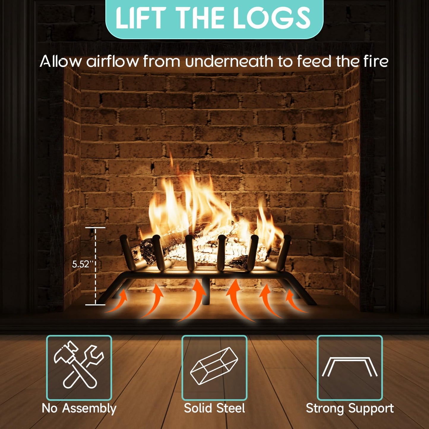 jkxoo 17-Inch Fireplace Grate, Heavy Duty 6-Bar Log Rack Holder Made of Solid Round Steel for Indoor/Outdoor Fire Pits, Wood Stoves & Kindling Tools