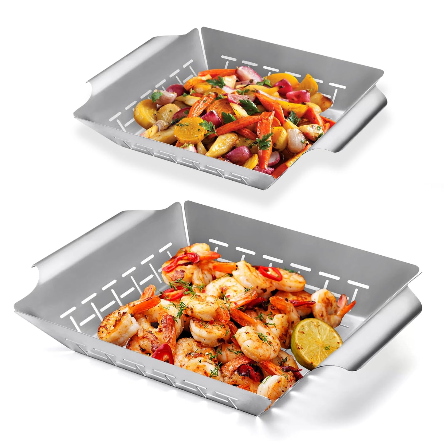 2 Pack Vegetables Grill Baskets for Veggies,Grill Basket for Outdoor Grill,Stainless Steel Grill Basket,Grilling Accessories for & Smokers,14"x12.5",white