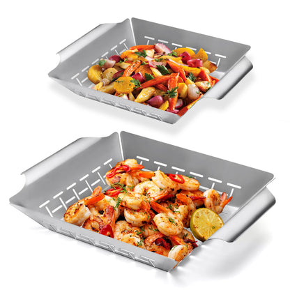 2 Pack Vegetables Grill Baskets for Veggies,Grill Basket for Outdoor Grill,Stainless Steel Grill Basket,Grilling Accessories for & Smokers,14"x12.5",white