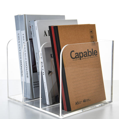 AIMOLLY 3 Vertical Compartments Clear Acrylic Magazine & File Holder – Multipurpose Desk Organizer for Documents, Tablets, Magazines, Books – Office/Home/Classroom Rack