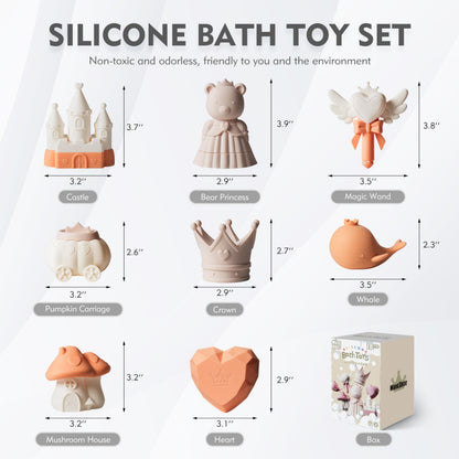 MarcZero Princess Silicone Bath Toys 8Pcs for Toddlers Kids Babies,Bathtub Water Toys,Soft Squeezable Easy-Grip Pool Toys Set (Peach)