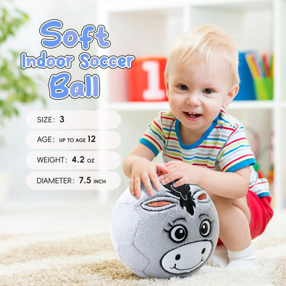 VangeBow Silent Indoor Soccer Balls for Toddlers 1-3, Inflatable Soft Plush Baby Toddler Soccer Ball Toys Gifts for 1 2 3 4 5 Year Old Boy Girl First Birthday Gift (Donkey, Pump Include)