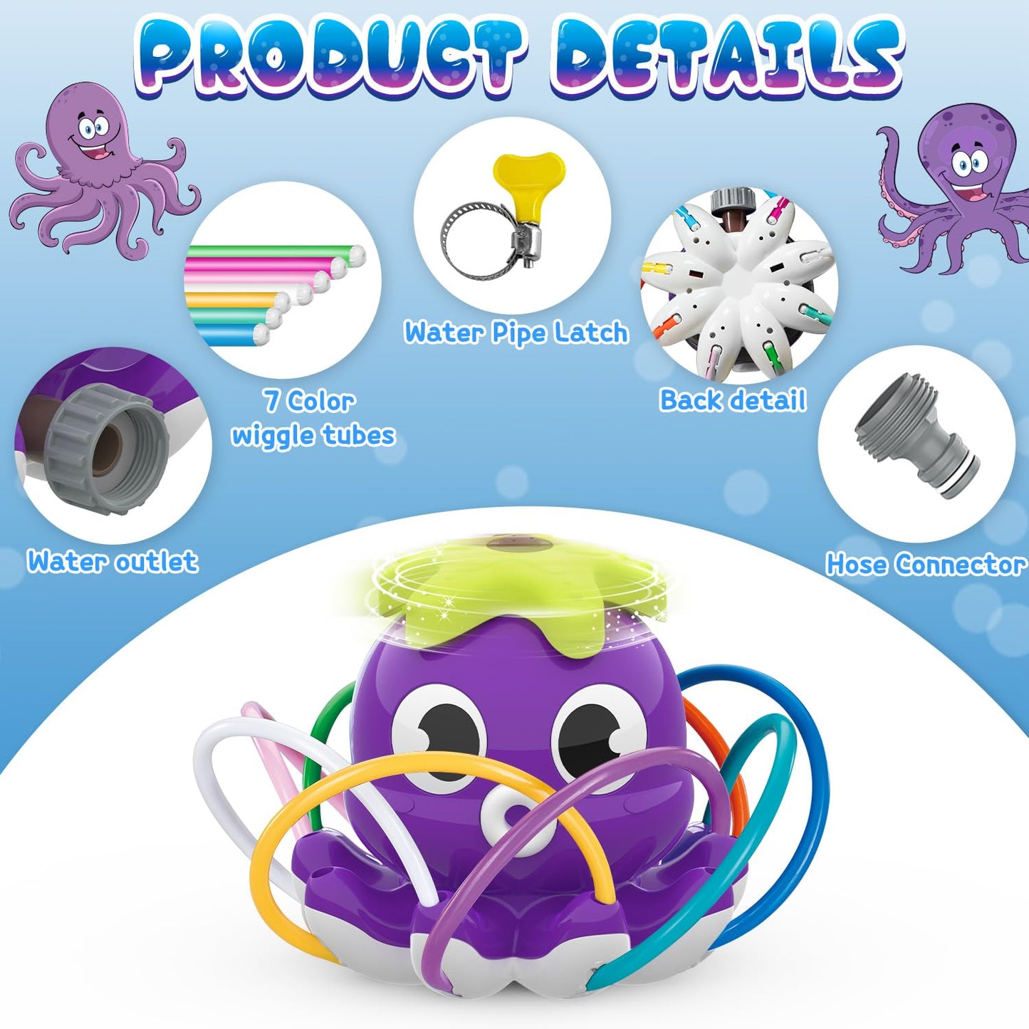 SAMTOP Outdoor Water Spray Sprinkler for Kids and Toddlers, Summer Outside Toys Backyard Games with 8 Wiggle Tubes, Attaches to Garden Hose Splashing Fun Toys for 3 4 5 6 7 8 Year Old Boys Girls Gifts