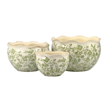 Galt International Ceramic Plant Pots Set of 3 Rustic Vintage Farmhouse Cream Crackle Glaze (11"/ 9.6"/ 7") Garden Indoor Outdoor Flower Planter w/Drainage Hole (Vintage Green)