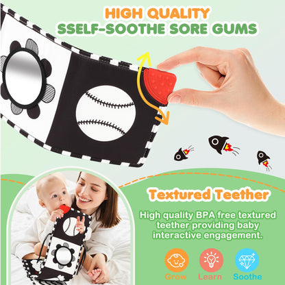 BBWOO High Contrast Baby Toys for Newborn, Tummy Time Mirror, Black and White Baby Toy for 0-6 Months, Soft Montessori Visual Stimulation Infant Book, Boy Girl Shower Gift